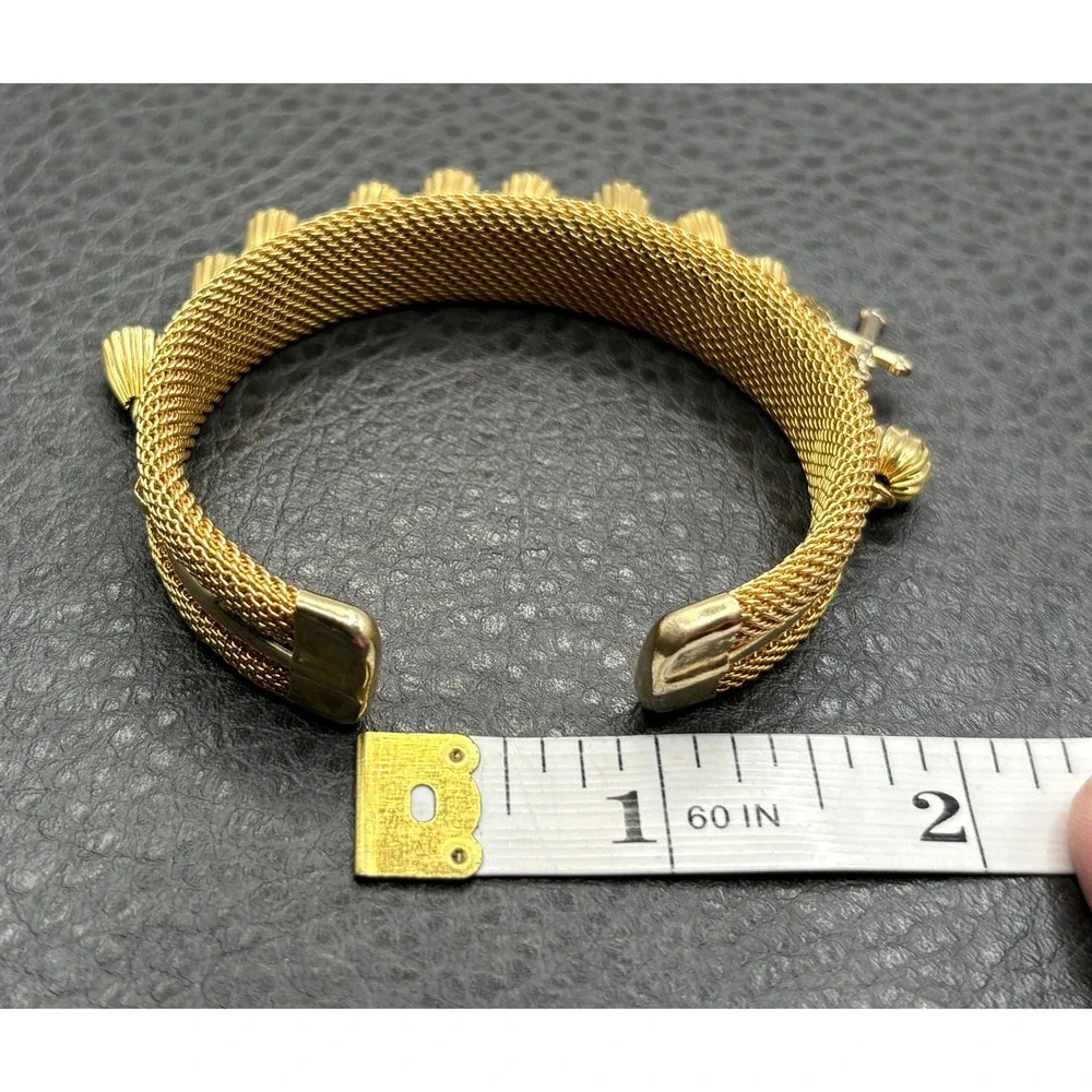 Vintage Mesh Bracelet Cuff Charm Dangle Cross Madonna Medal Gold Tone